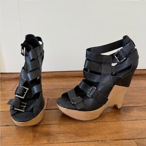 Topshop Black and Wood Wedge Sandals